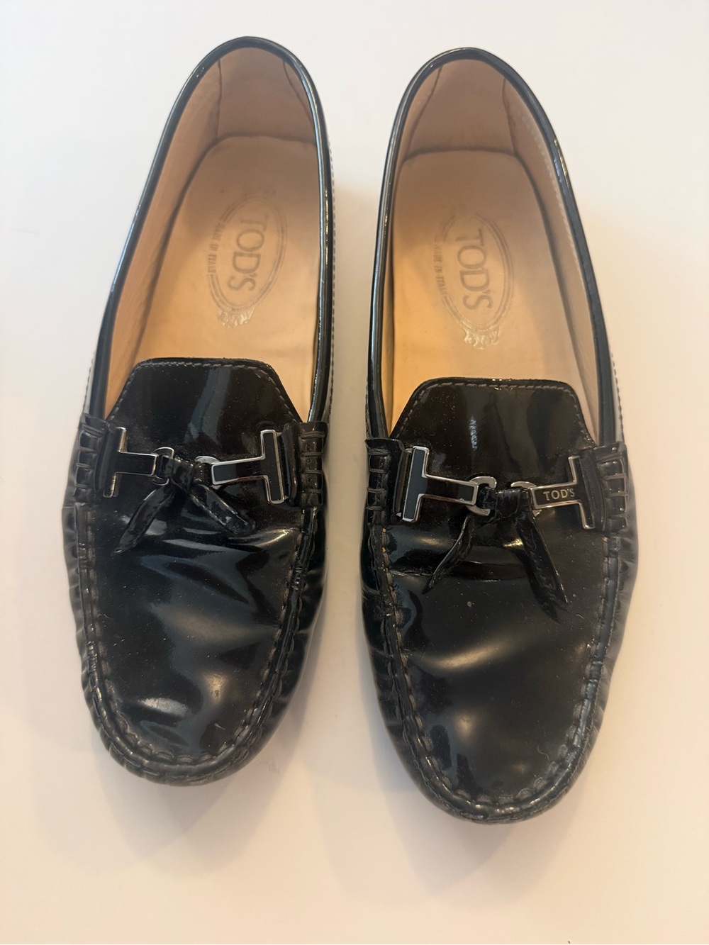 TOD’S Double T Gommino Patent Leather Driving Loafers Black 38.5 US 8.5